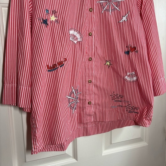 Vintage Embroidered Nautical Blouse Large Graff Button Down Red Coastal Novelty - Picture 5 of 12